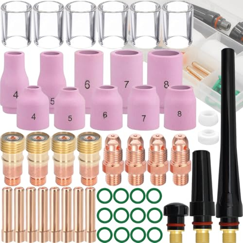 EATBALE Zubehörset für Wig-Schweißbrenner WP-17/18 / 26, #10 Glasbecher Keramikdüse Spannzange Kurze Spannzange(3/32 Zoll, 2,4 mm) Anschlussstück Dichtung O-Ring Verschleißteile Ersatzteile