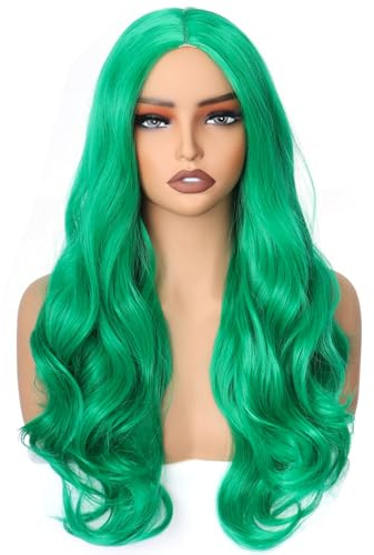 Colorfulpanda - Peluca larga ondulada verde para mujeres y niñas, pelo sintético rizado natural, resistente al calor, parte media, peluca completa para disfraz de Halloween, fiesta de cosplay o diario