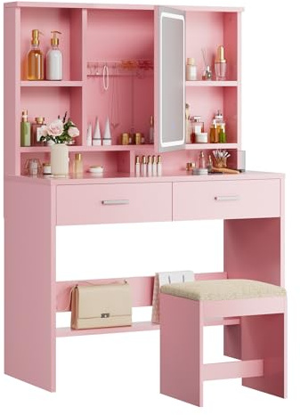 Devoko Schminktisch mit LED-Beleuchtung und Schmuckschrank, 3 Farben Einstellbarer Helligkeit, Frisiertisch mit Hocker, Spiegel,2 Schubladen, und verstellbaren Ablagen,Rosé