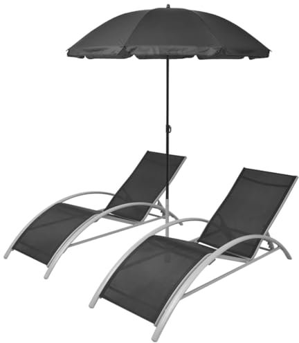 Tumbonas con sombrilla, sillas reclinables de textileno resistentes a la intemperie en aluminio negro respaldo ajustable, diseño ligero y duradero para jardín, patio, playa