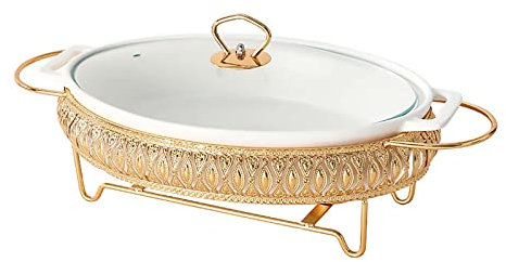 Scaldavivande in ceramica bianca con supporto per carburante e copertura in vetro, scaldavivande per buffet, per catering, set professionale per buffet, matrimoni, feste