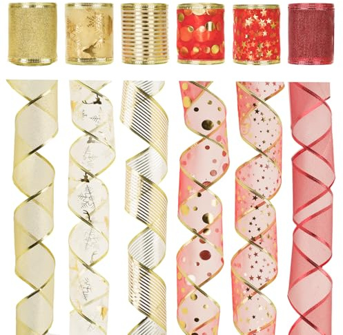 KINGLAKE Geschenkband mit Draht 6.4cm -27M Organzaband Schneeflocke, Weihnachtsband Glänzend, Schleifenband Drahtband Breit, Deko Band für Weihnachten Geschenk DIY Schleif - Rot+Gold