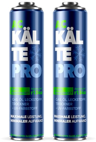 KÄLTEPRO Remplacement du gaz Refrigerant R134a pour Clim Auto - Pack 5-en-1 Complet : Gaz, Huile, Anti-Fuite & Traceur UV Équivalent 755g R134a- pour Voitures 1995–2016