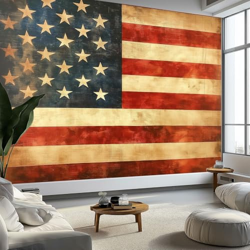 Moda Art Papel Tapiz Rayas De Bandera Retro Arte Mural de Papel Pintado 350x256 cm Fotomural Decoración de Papel Tapiz Fondo de Pared de Tv de Fotografía, Rojo