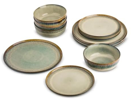 Collezione Set di stoviglie in ceramica da 12 pezzi, smalto reattivo unico, completo, adatto al microonde, elegante e versatile