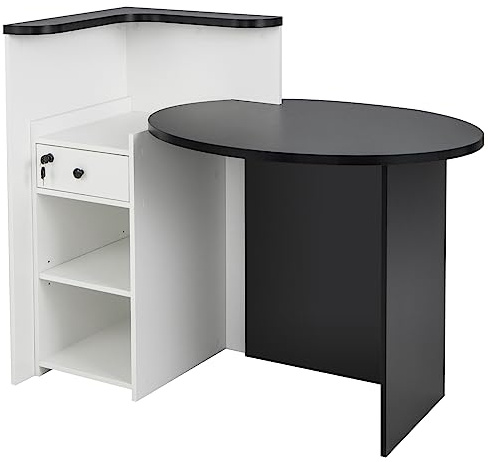 GIANTEX Mostrador de Recepción, Mesa de Recepción con Cajón y Compartimentos Abiertos, Escritorio Ovalado y Mostrador en Forma de L, 120x70x100cm, para Oficina, Vestíbulo, Clínica