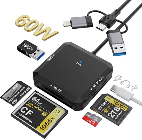 8-in-1 Multi Card Reader, USB-C USB-A Lightning 3-Port Connector to SD, TF, CF, MS, USBA, USBC, OTG SD Memory Card Reader Adapter for iPhone17/16/iPad/Android/Mac/PC with Windows/Mac/Linux/Chrome OS