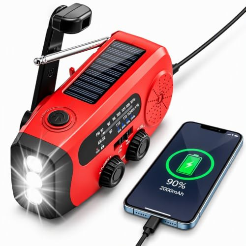 Notfunk Radio Portable d'urgence à Manivelle, 3 Lampes LED, Alarme SOS, Power Bank 2000mAh, Camping en Plein Air, Prévention d'urgence à la Maison, Rouge
