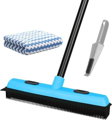 Rubber Floor Brushes, Artificial Grass Cleaner Brush,Long Handle with Squeegee, for Carpet,Hardwood,Tile, Pet Hair Broom includes One Microfiber Cloth and Lint Remover Brush Bristles
