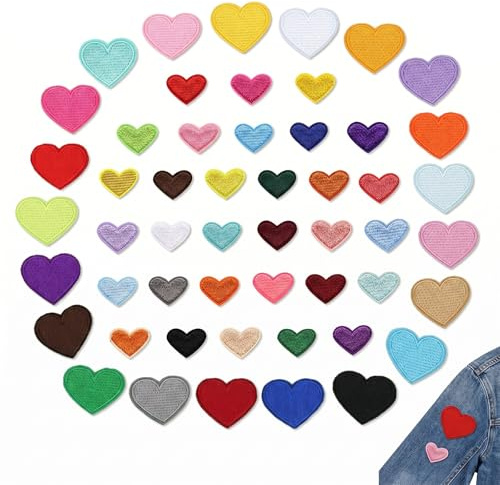 52 Pezzi Toppe Termoadesive Cuore, Toppe Ricamate per Vestiti in 2 Dimensioni, Applicazioni per Tessuti Adesive per Riparazione e Decorazione Fai da Te di Jeans, Giacche, Zaini e Cappelli, Multicolore