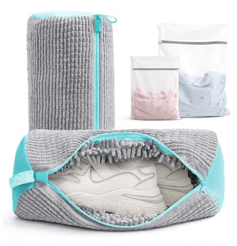 Shoe Washing Machine Bag 4 Pcs - Trainer Wash Bag for Washing Machine with Secure Zipper | Mesh Laundry Protector & Tumble Dryer Safe | Fits Trainers, Sneakers & Canvas Shoes (Light Gray)