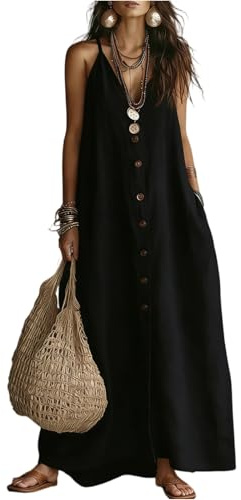 Vestidos De Verano para Mujer Lino Color Liso Cuello En V Tirantes Finos - Ropa Mujer Verano Vestido Largo Anchos Calle Moda, Dresses for Women Playa Viaje Negro XXL