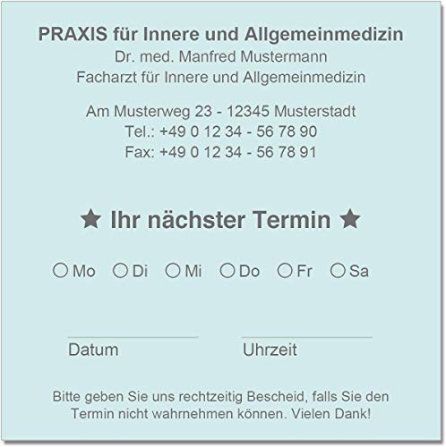Terminzettel Terminkarten nächster Termin mit Ihrer Adresse personalisiert in praktischer Zettelbox mit Stiftehalter 10 x 10 cm (hellblau)