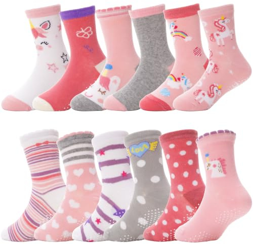 ANTSANG Baby Girls Toddlers Grips Socks, Kids Unicorn Crew Cotton Socks