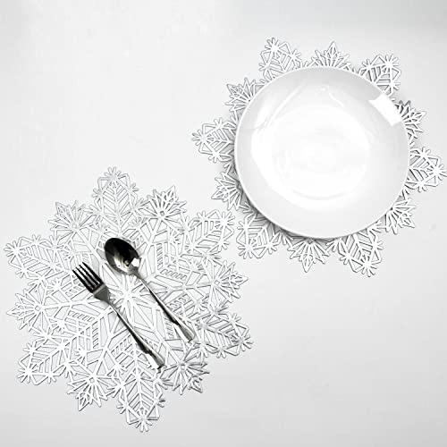 Snowkingdom Snowflake Placemats Sets of 12 Silver Laminated Metallic Vinyl Round 15 inch Diameter Winter Festival Table Decorations for Holiday Party Feast Christmas