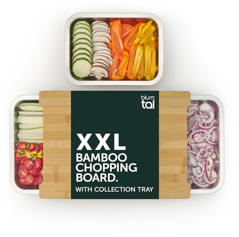Blumtal Tabla De Cocina - Tablas de Cocina de Madera 100% Bambú Natural con base de Silicona Antideslizan - 2 tamaños (con bandeja recogegotas)