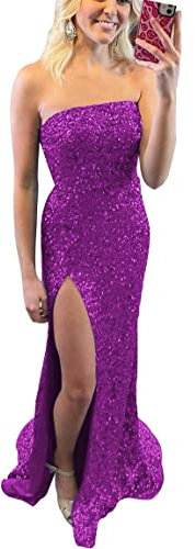 KURFACE Vestito da promenade senza spalline con paillettes lungo scintillante sirena formale abiti da sera con fessura per le donne, Fucsia, 50