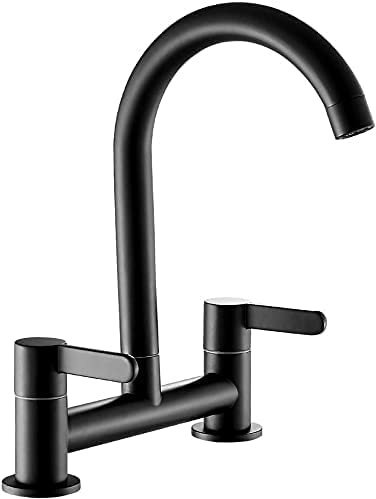 Muross Kitchen Sink Mixer Taps, Brushed Kitchen Tap, Chrome Dual Lever 1/4 Turn Lever Control, 360° Swivel Spout 2 Hole Bridge Tap Cold and Hot Mixer Tap (Black)