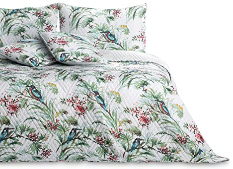 AmeliaHome Tagesdecke Bettüberwurf 200x220 cm zweiseitig Kingfisher | pflegeleicht Steppung Pflanzenmuster Vogelmuster Mehrfarbig