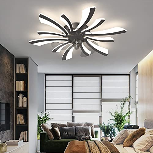 78cm Ventilateur de Plafond avec Lumière et Télécommande/APP Silencieux Créative Fleur Plafonnier Ventilateur Led Moderne Dimmable 6 Vitesse Réversible été Hiver pour Chambre Salon, Noir