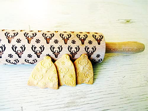 Nudelholz mit Muster Weihnachten Backen - Teigroller Holz für DIY Weihnachten Plätzchen - Graviert Plätzchenrolle mit Motiv - 3D Plätzchen Roller WEIHNACHTSHIRSCH von Algis Crafts