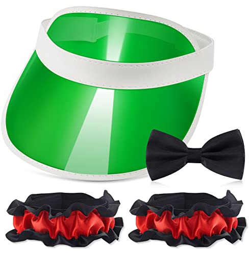 Hicarer 3 Pcs Casino Dealer Costume Includes Green Dealing Visor Bowtie and Dealer Armband Plastic Casino Style Hats Elastic Band Accessory Set for Las Vegas Game Nights