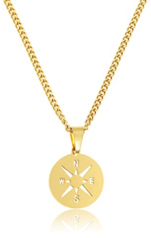Made by Nami Herren Halskette mit Anhänger aus Edelstahl – Kreuz, Kompass, Flügel – Gliederkette, Handmade Schmuck