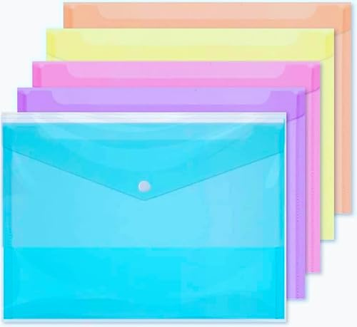 A4 Assorted Pastel Colour Document Stud Wallets Plastic Carry Popper Folder Paper Wallet (Qty 5 Wallets)