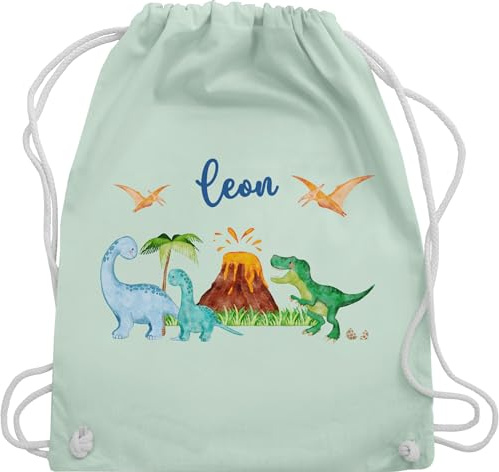 Turnbeutel Rucksack - Geschenk Dinosaurier personalisiert mit Name I Dino I Dinos - Unisize - Pastell Grün - sportbeutel junge kita beutel für wechselwäsche tier trex turnsack