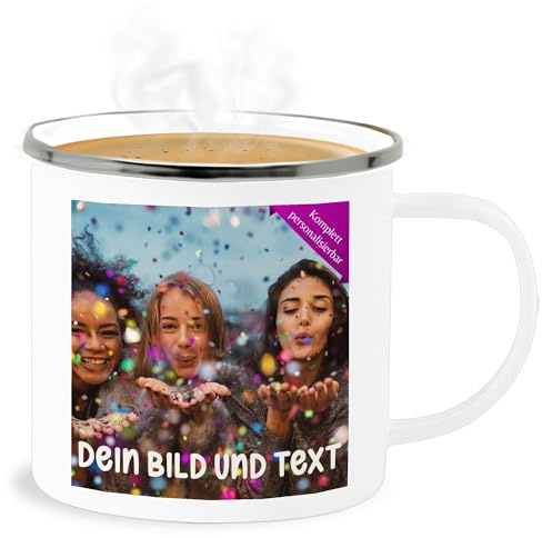 Emaille Becher Blechbecher - Foto eigenem - Fotogeschenk I Geschenk Bild personalisiert I Geschenk mit Bild I Custom Photo - 300 ml - Weiß Silber - fotobecher fototasse selbst drucken druck tasse