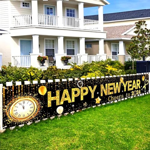 Happy New Years Decorations 2024 Banner, Happy New Year Yard Banner with Clock Pattern Poster Sign, Glitter Gold Nye Decorations Banner, New Years Eve Party Decoration 2024 Garden Celebration Supplies