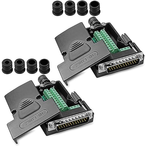 Harrisen DB25 Lötfreier Stecker, RS232 D-SUB Seriell, 2 Stücke | 25-poliger Port-Terminal, Adapter Breakout Board, Mit Gehäuse, Lange Schrauben Muttern