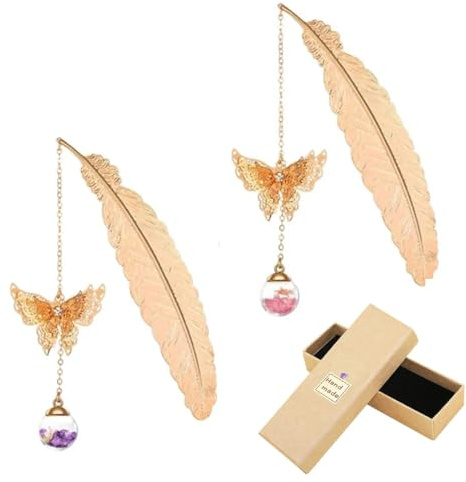 NHPY 2PCS Metall Feder Lesezeichen,Geschenk Freundin,Lesezeichen Personalisiert,Mit Elegant Schmetterling und Glasperlen Ewige trockene Blume Anhänger Erwachsene und Studenten