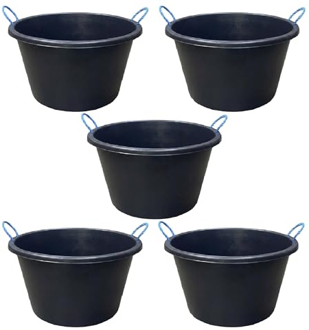 70L Litre Black Heavy Duty Multipurpose Plastic Tub Bucket Planter With Rope Handles Muck Bucket Open-Top Storage Round Utility Tub for Indoor or Outdoor Home Garden - Made In UK (5 QTY, 70 Litre)
