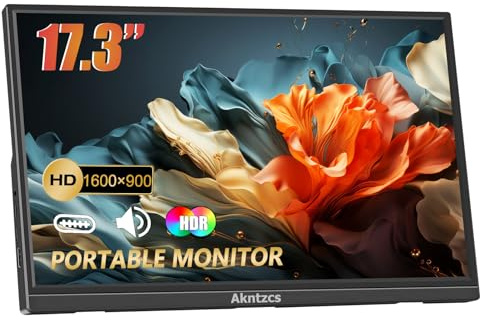 Akntzcs Tragbarer Monitor, 17,3 Zoll Portable Monitor HDMI USBC Reisemonitor HD 1600 x 900 Zweiter Computermonitor für PC Laptop Desktop Switch Xbox Ras Pi, Integrierter Ständer, 1
