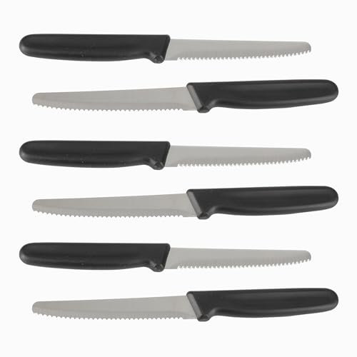 Vespermesser Küchenmesser Tafelmesser Steakmesser 6-er Set. Klinge aus Edelstahl und Griff aus robustem Kunststoff. Scharfe gezähnte Klinge mit optimaler Länge von ca. 10,5cm. Gesamtlänge 21cm