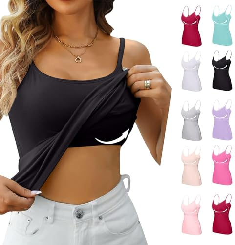 Sommer Sale BH Hemden Damen Ohne Bügel Baumwolle Tanktop Mit Integriertem BH Shirt Ärmellos Unterhemden Spaghettiträger Schwarz