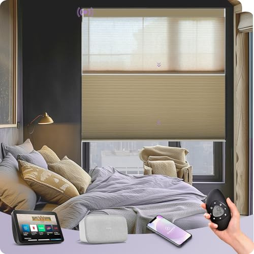 Graywind Elektrische Doppelplissee Day Night mit Zigbee Motor, nach Maß Wabenplissee Elektrisch mit Fernbedienung, Verdunkelung & Lichtdurchlässig Elektrische Jalousien Innen, Kaffee