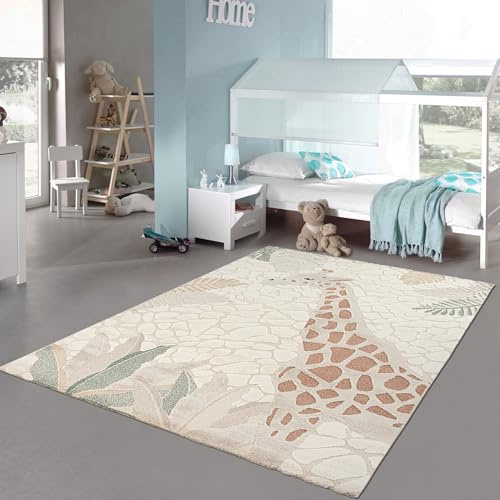 Teppich-Traum Kinderteppich Giraffe mit Blättern Creme Grün 120x170 cm | Safari, Savanne, 3D-Hoch-Tief-Effekt, weich, pflegeleicht, strapazierfähig, hautsympathisch, OEKO-TEX, Kinderzimmer, 14 mm