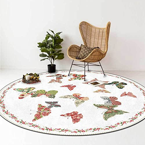 SJHDHDA Runder Neuer waschbarer Wohnzimmerteppich ø 80 cm Rutschfester Akzentteppich Schlafzimmer Esszimmerteppich Weicher Kurzflorteppich Vintageteppich Schmetterling Weiß Learned extensively