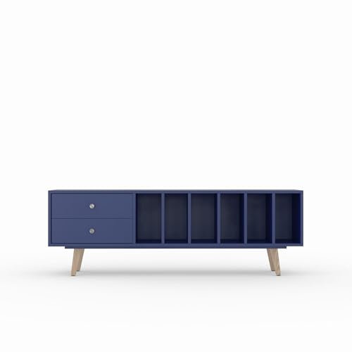 TV Schrank MARIGOLD, lackiert NCS 4550r70b Dunkelblau, für Vinyl und Plattenspieler 2 Schubladen, skandinavisches Sideboard, 190 x 56 x 43 cm