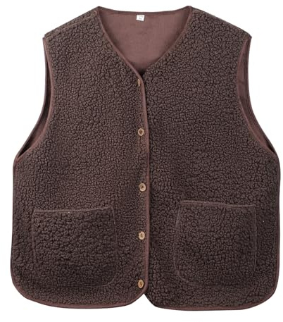 Risipu, gilet invernale da donna in sherpa, caldo, con cappuccio, in pelliccia sintetica, senza maniche, con tasche, giacca in pile per il freddo, Marrone, XL