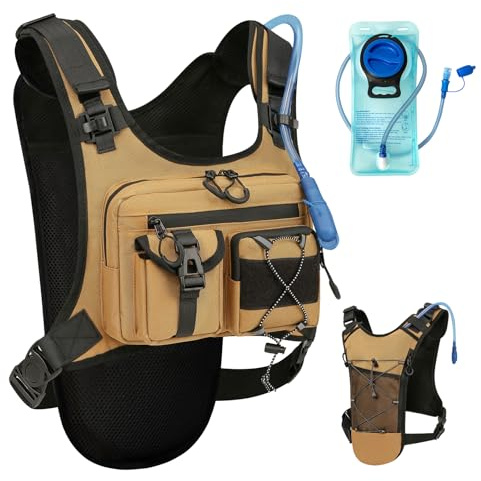 Criuage USA Original Patent Running Hydration Vest Backpack, Lightweight Chest Pack with 2.0L Water Bladder Bag Daypack for Hiking Running Cycling Race Marathon for Women Men (Khaki, Standard)