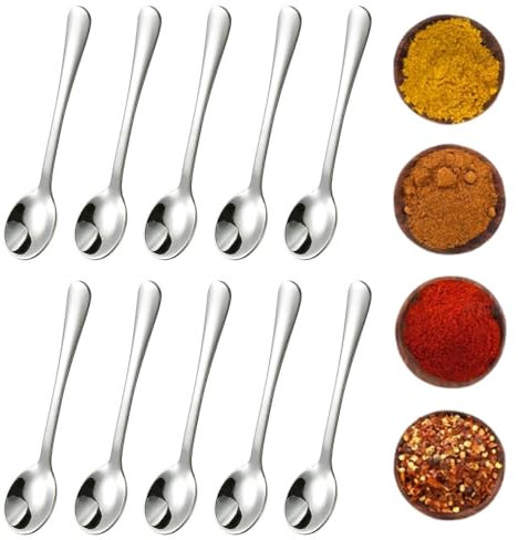 10 PCS Condiment Spoons Stainless Steel Mini Spoons 3 Inches Cute Small Spoon Silver Tiny Spoon for Powder Spices Jars Salt Sugar Pepper Desserts Honey