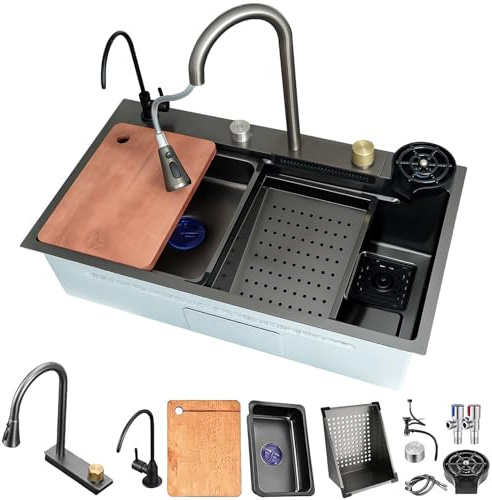 HZKSINNK 68x45cm Fregadero de Cocina de 1 Cubeta, cascada Fregadero de Acero Inoxidable, con Grifo Cocina Extraible, lavadora de vidrio, sifón, rebosadero y desagüe así como otros accesorios
