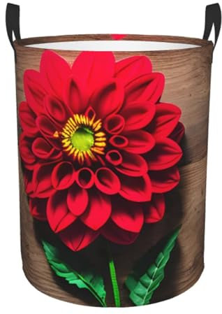 QIN&ZHENG Wäschekorb mit Holzbrett, Retro-Blume, roter Dahlien-Druck, rund, mit Griffen, wasserdicht, kreisförmig