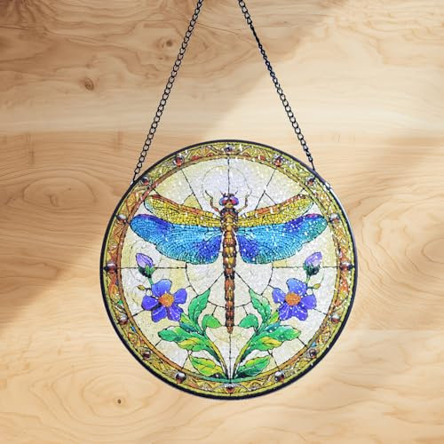 HOTIYOK Dragonfly Stained Glass Suncatcher for Windows Hanging, Round Dragon Fly Wall Art for Indoor Kitchen Window Decorations, Dragonfly Gifts for Women Grandma and Teacher