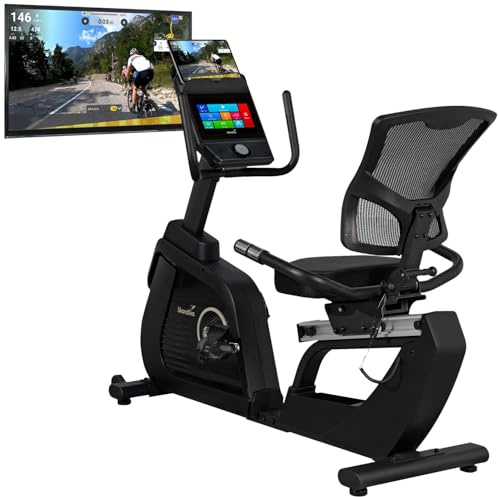 Skandika P14 Comfort Ergomètre couché | Vélo d'appartement avec écran tactile, ordinateur multimédia, 32 niveaux de résistance, jusqu'à 150 kg et 190 cm, Bluetooth, connectivité App | Vélo de fitness