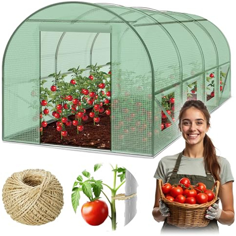 Plonos Garten-Gewächshaus Tunnel 2 × 4,5 m - 9 m² Folientunnel mit Stahlrahmen | PE-Folie 140 g/m² UV-beständig | 8 Fenster mit Moskitonetz | Pflanzenschutz | Grün