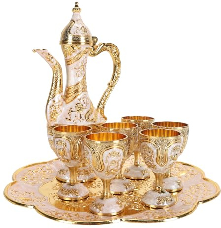 Generic Turkish Tea Set, Blue Vintage Tea Set Turkish Coffee Pot with Tea Tray Zinc Alloy Tea Cup Set Easy Clean Elegant Vintage Turkish Tea Set Gold Blue for Coffee Shop (Gold White)